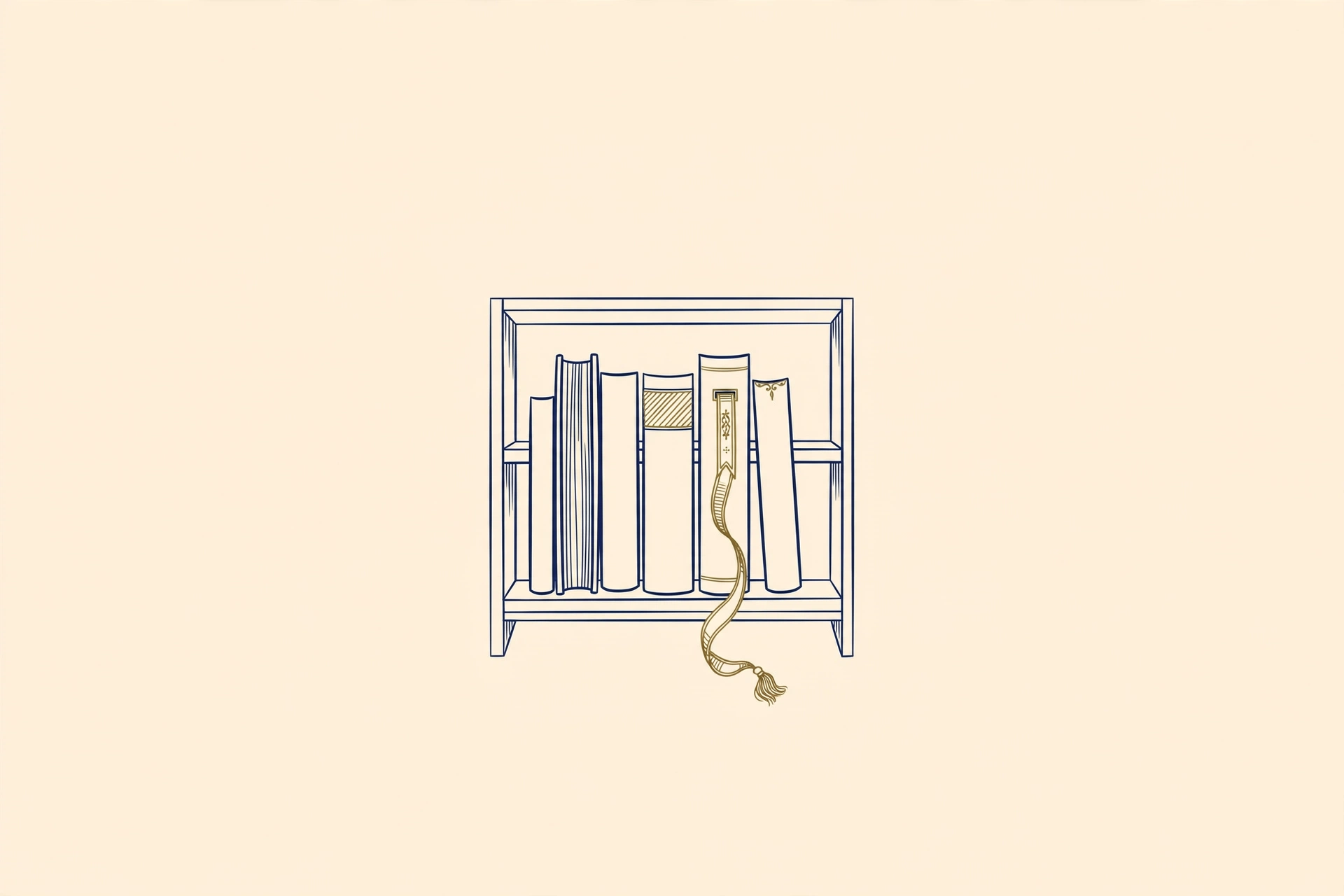 Line drawing of a bookshelf with a gold bookmark