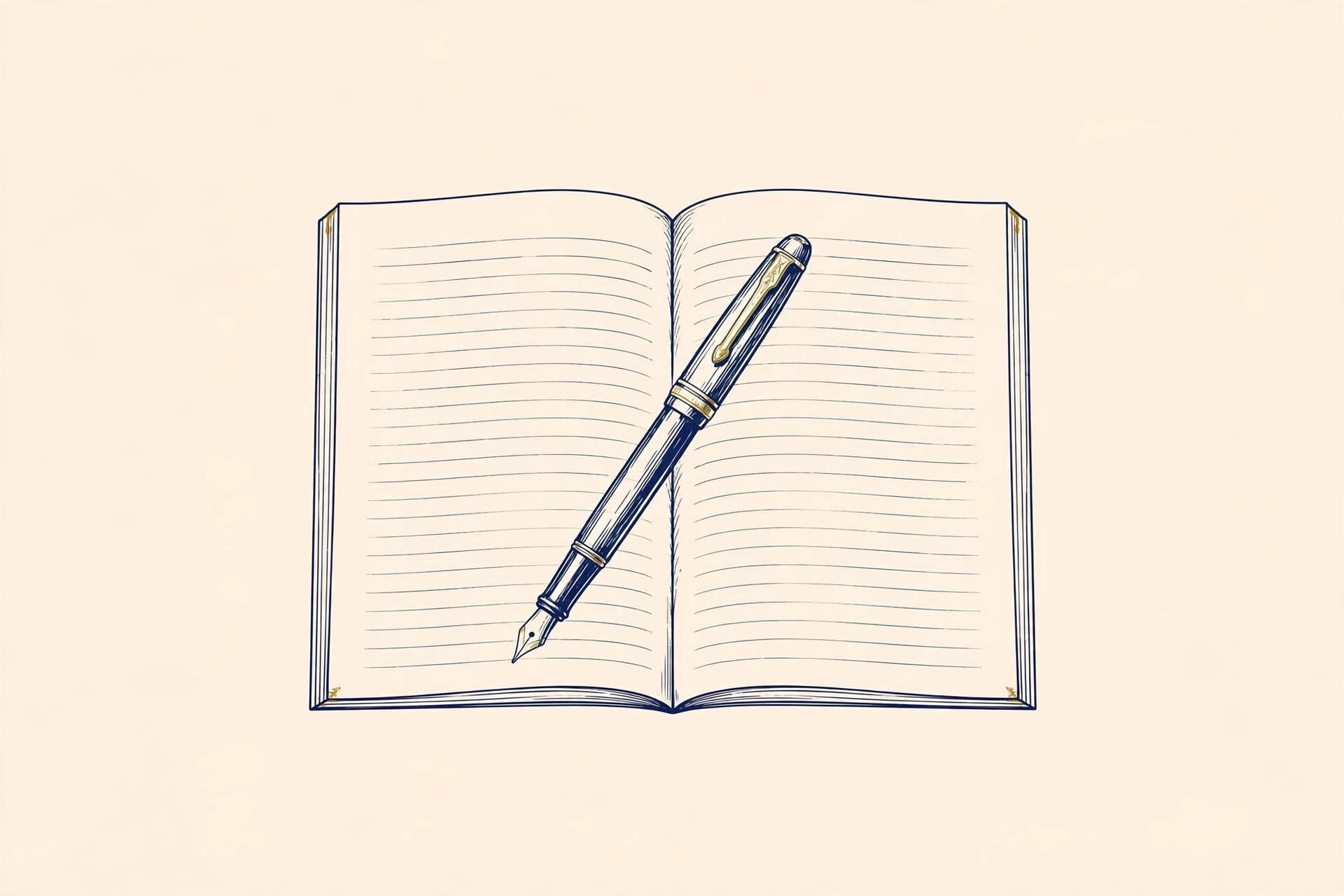 Line drawing of a fountain pen on an open manuscript