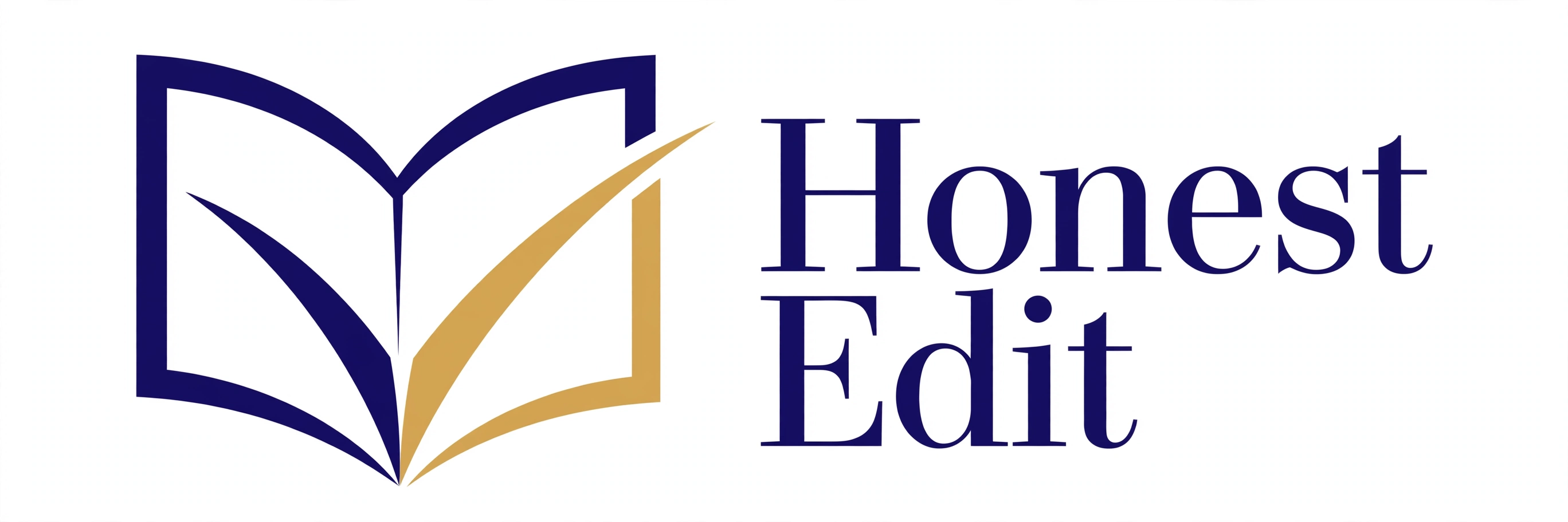 Honest Edit logo — an open book with a gold check